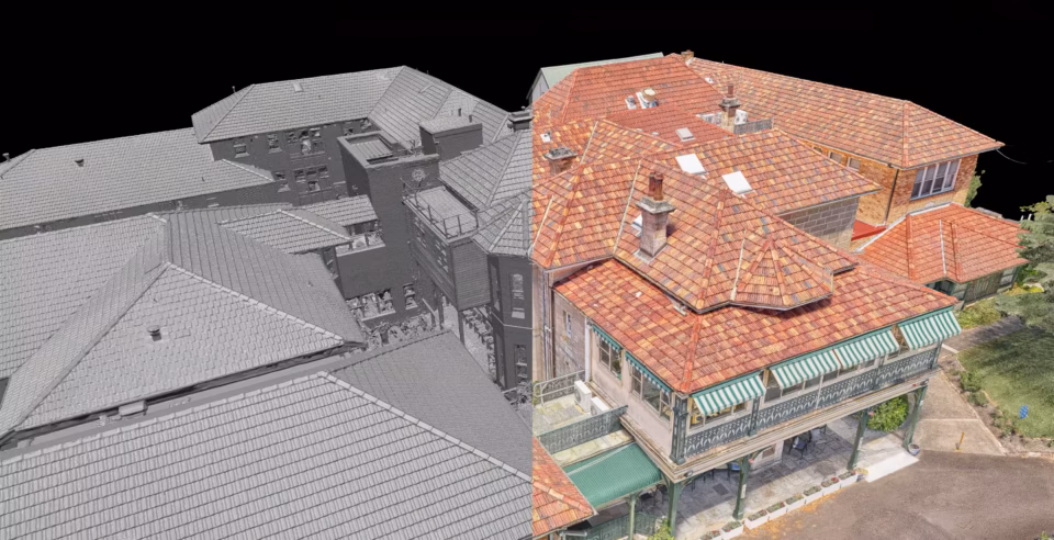 A high-resolution split-view 3D model comparing a gray-scale geometric mesh with a textured photographic overlay of a large building's roof and balconies.