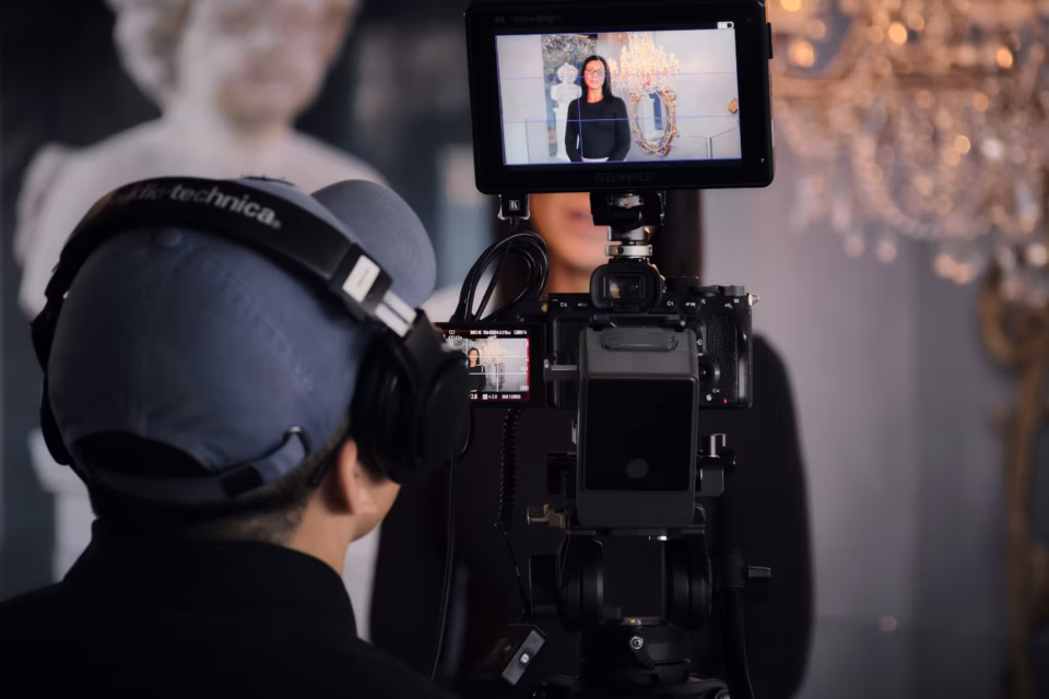 A person wearing headphones and a baseball cap operates a professional video camera, filming a subject visible on a camera monitor.