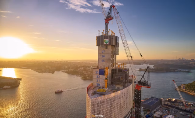 Construction progress of Crown Tower in Sydney during sunset, taken by Sky Monkey